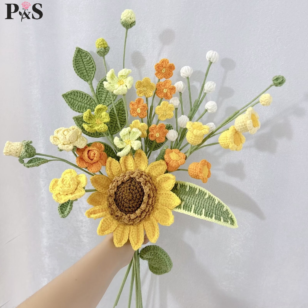 Home Decor Orange - Crochet Flower Bouquet Handmade Orange Sunflower