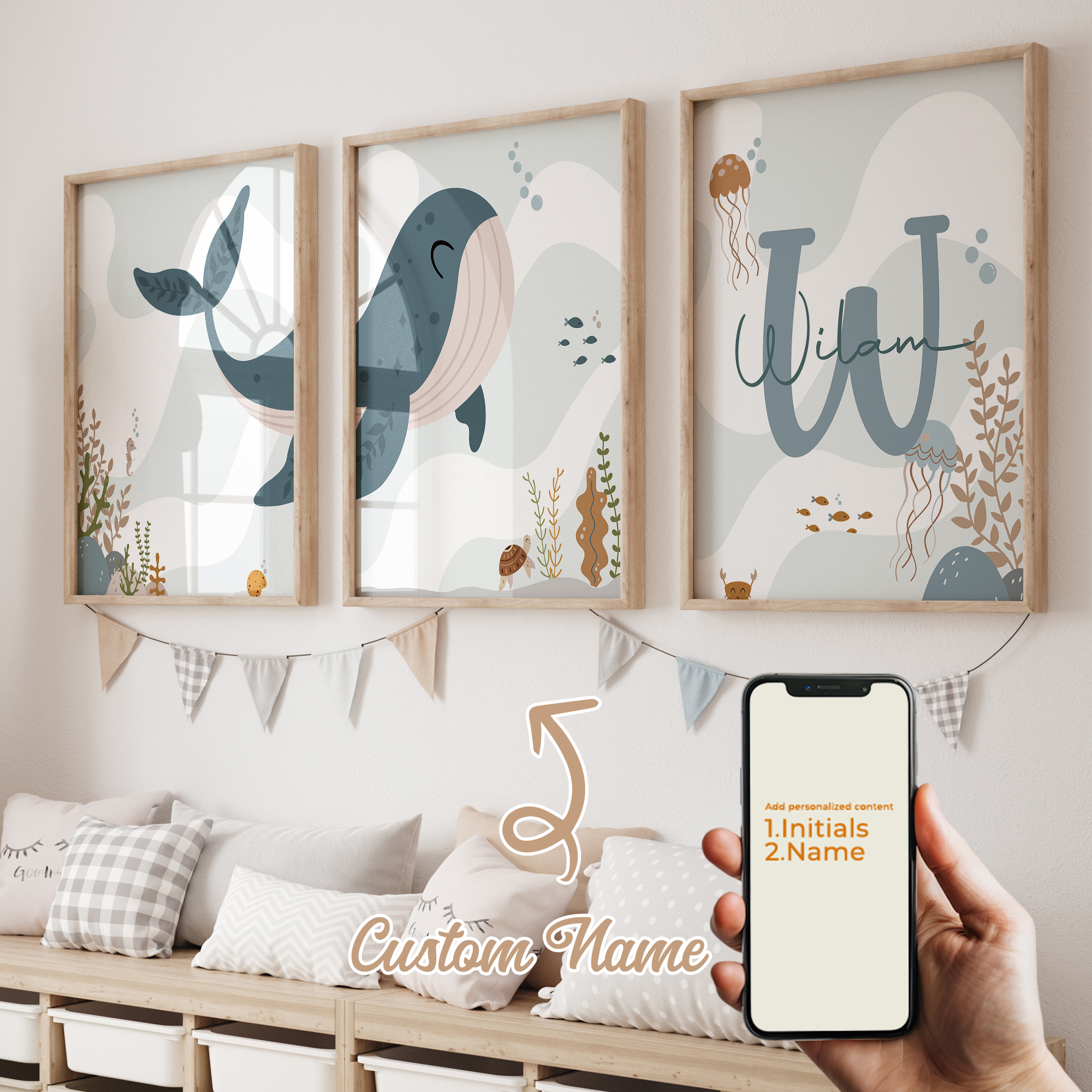 Home Decor Wall Pictures - 3pcs Personalized Custom Name Cartoon Child