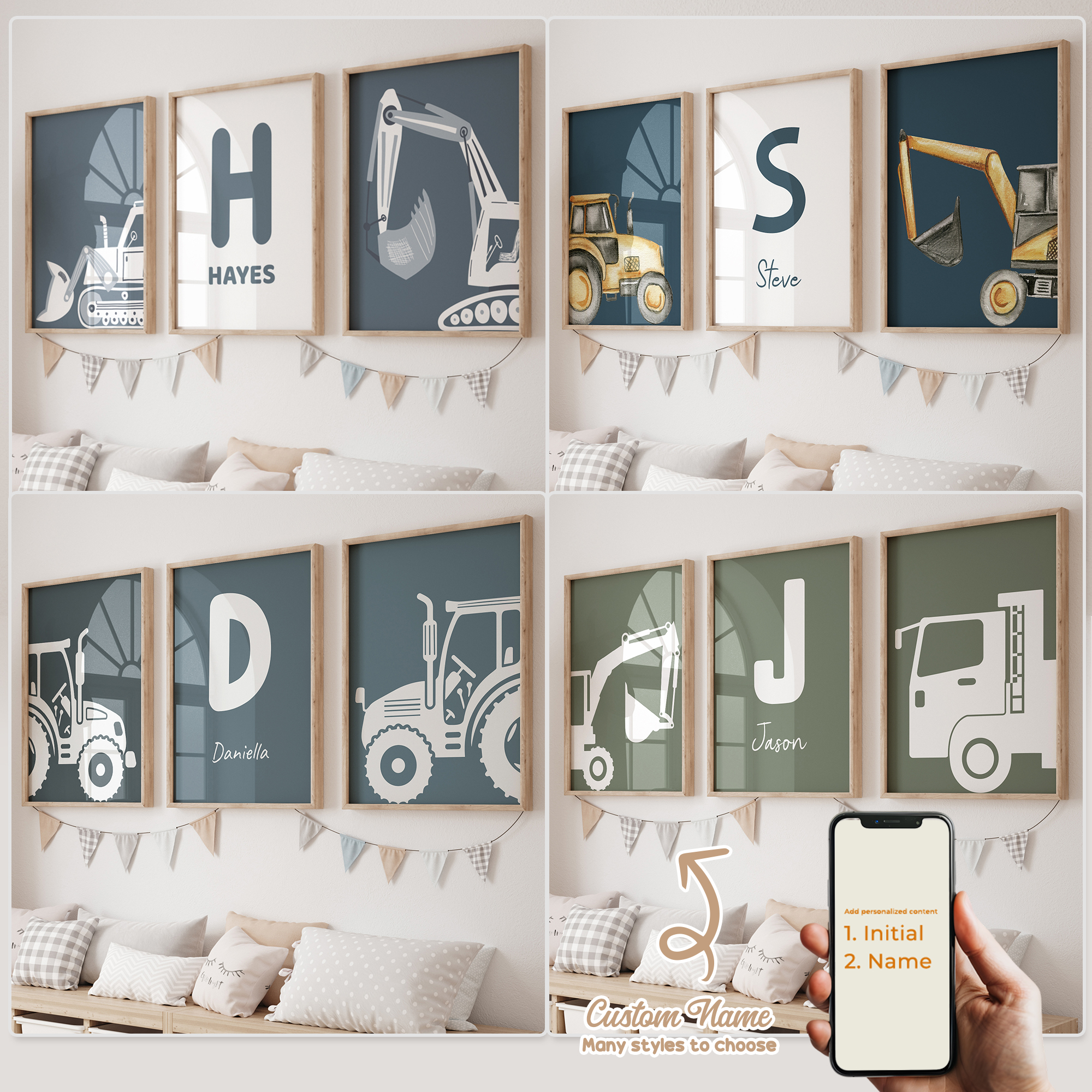 Home Decor Wall Pictures - 3pcs Personalized Custom Name Cartoon Excavator