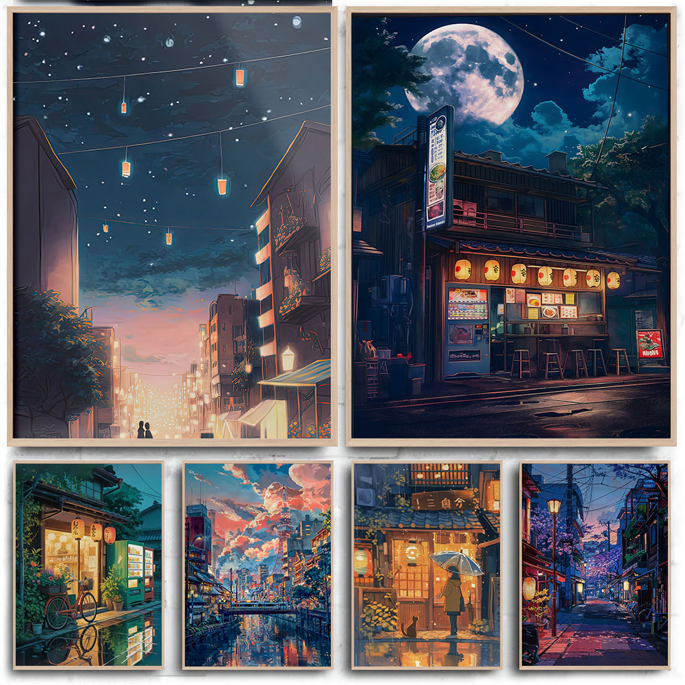 Home Decor Shop - Anime Cafe Shop and Bicycle Canvas