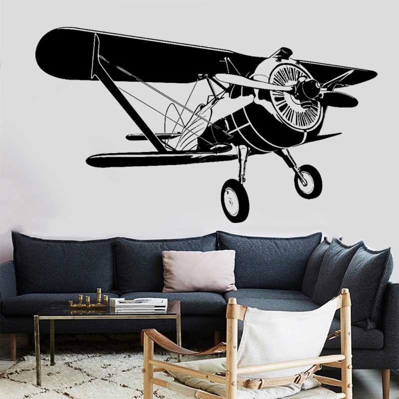 Home Decor Vinyl Flooring - Airplane Retro Biplane Vinyl Wall Sticker