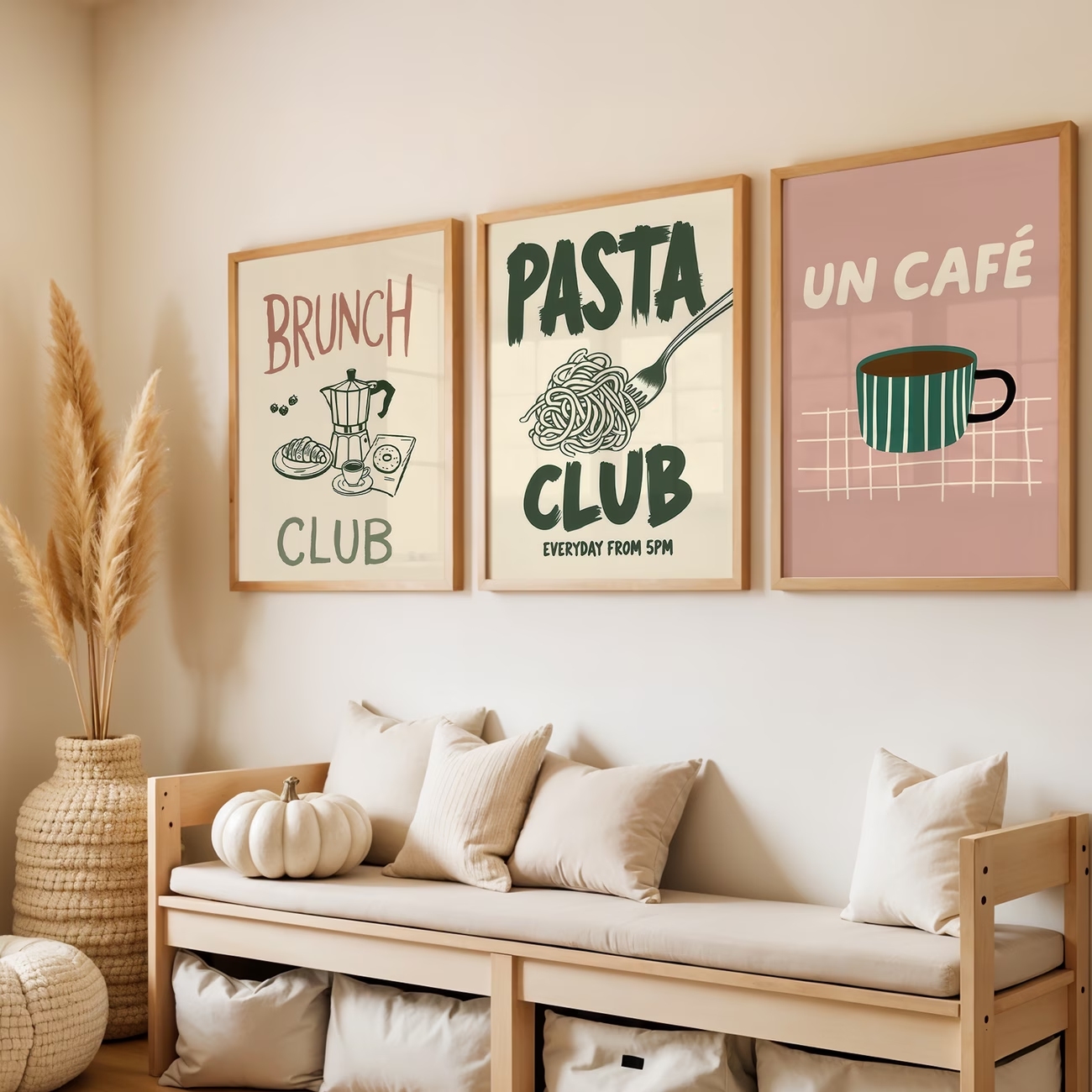 Home Decor Wall Pictures - 3pcsModern Pasta Club, Coffee, Green And
