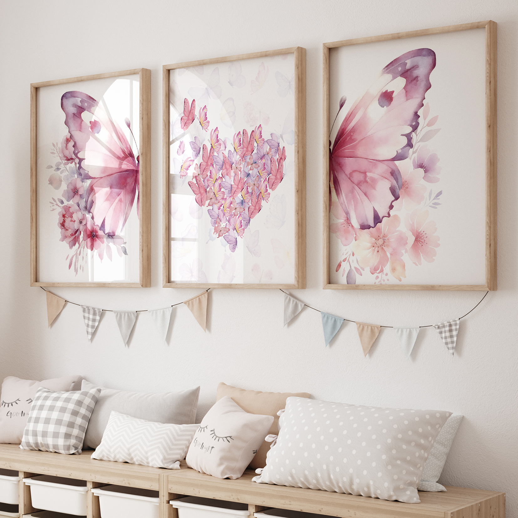 Home Decor Wall Pictures - 3pcs Cartoon Children Pink Love Butterfly